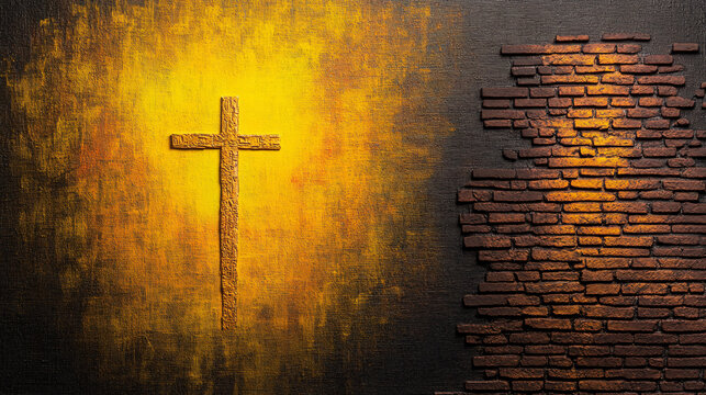 striking artwork featuring textured cross against vibrant yellow background, complemented by brick wall texture on right. This piece evokes sense of spirituality and resilience