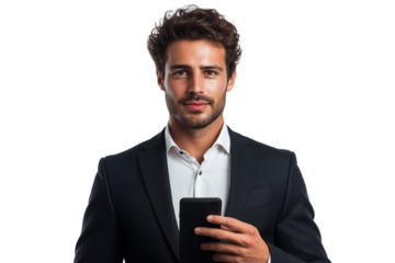 Business man in formal suit using mobile phone isolated on white background.