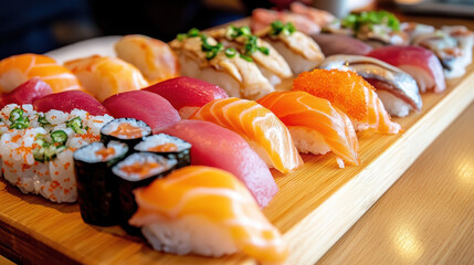 A vibrant platter of assorted sushi showcasing various types and colors of sushi pieces.
