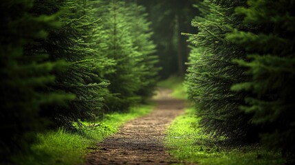 Obraz premium A winding forest path flanked by evergreen trees appears tranquil