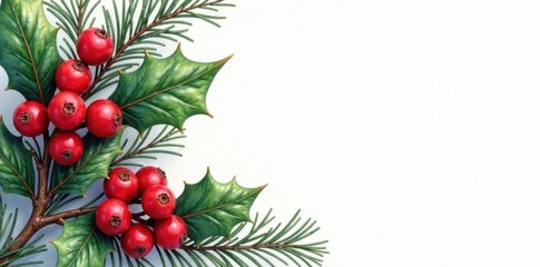 Crimson holly berries, watercolor spruce, festive arrangement , floral, classic