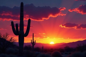 Majestic saguaro silhouettes against fiery sunset sky , arid, desert, orange