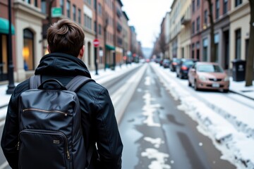 Fototapeta premium Man with Backpack Walking on Snowy City Street in Winter