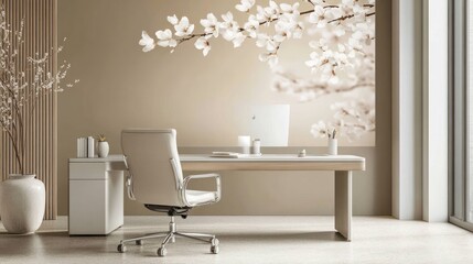 Peaceful office with blossom wall art, desk, and natural light