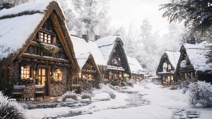 Cozy Snow Covered Cottages With Warm Glowing Lights