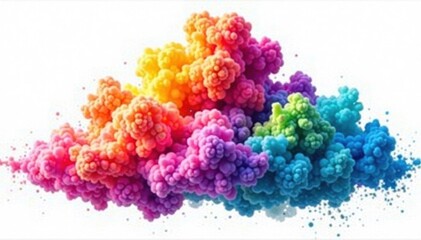 Fototapeta premium Swirling rainbow Holi paint cloud, isolated white panoramic backdrop , dust, cloud