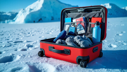 Open suitcase packed for Arctic expedition in icy landscape, travel essentials