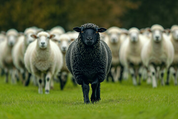 Obraz premium A black sheep leads a flock of white sheep. Business metaphor for individuality and leadership.