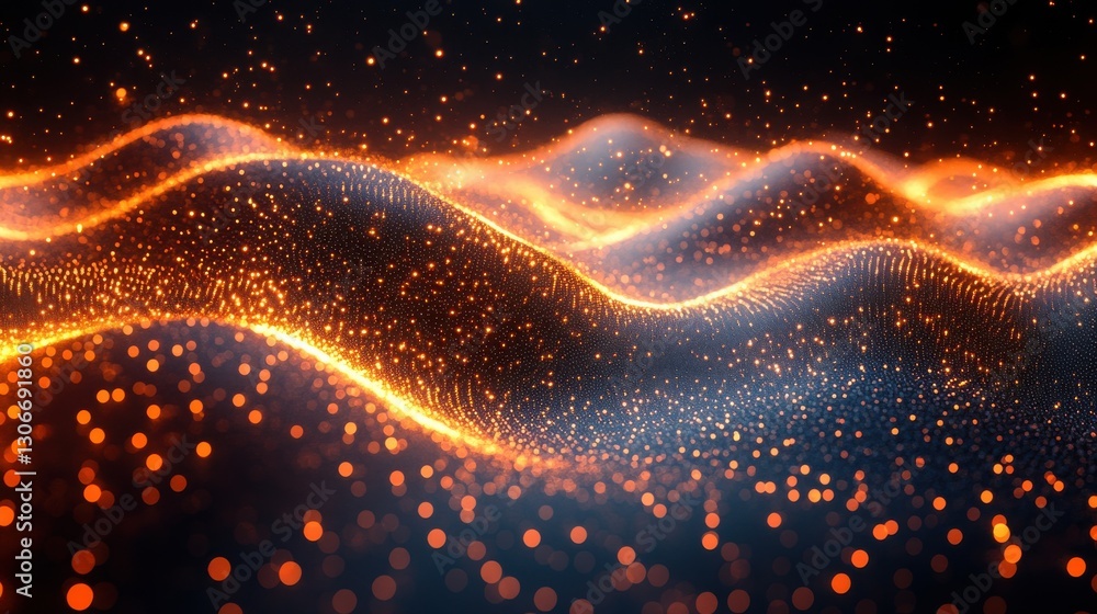 Poster abstract waveform with glowing particles on a dark background