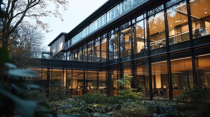 Obraz premium Modern office building courtyard, evening, autumn, garden, illuminated interior