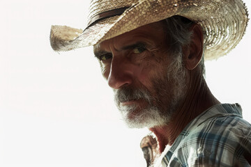 A weathered man in a straw hat gazes intently, suggesting depth and experience.
