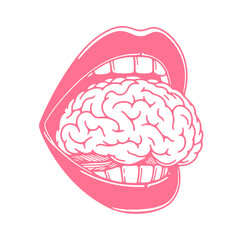 human brain in a mouth funny retro doodle, lips cartoon illustration