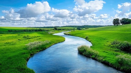 Obraz premium A winding river flows through the green grassy landscape