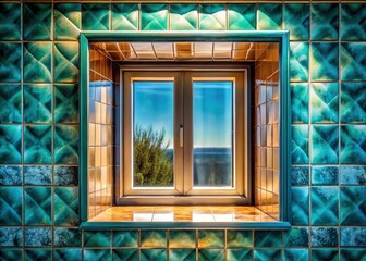 Obraz premium Angled Window Mirror Reflection - Ocean Teal Taupe Tiles - Minimalist Luxury