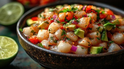 appetizing ceviche garnished with sliced lime vibrant chili and fresh avocados ideal for culinary themes