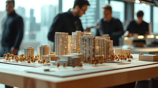 group of architects and real estate professionals examining detailed scale model of business building project during corporate planning meeting in office