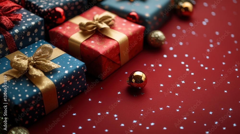 Poster array of festive gift boxes tied with golden ribbons and red wrapping background