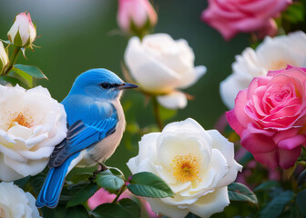 Blue bird sitting on a rose bush with white and pink roses
