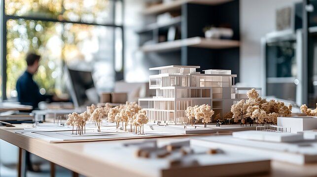 group of architects and real estate professionals examining detailed scale model of business building project during corporate planning meeting in office - Powered by Adobe