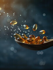 A wooden spoon holds golden capsules, surrounded by bubbles in a softly lit background.