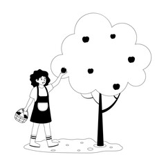 Child picking apples from a tree during harvest season in a garden