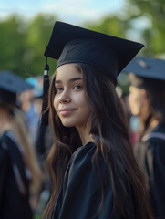 A young graduate in a cap and gown smiles at a graduation ceremony.