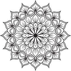Elegant Floral Mandala Art Featuring Symmetrical Blooms and Graceful Swirls, Geometry Mandala for Spiritual Healing, silhouette vector style with white background