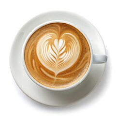 Top View Latte Art Coffee with Heart Shape Isolated on White Background