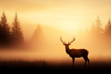 An elegant stag stands proud in a misty landscape, aglow with soft hues of orange and gold. The filtered light creates a surreal and dreamy environment.