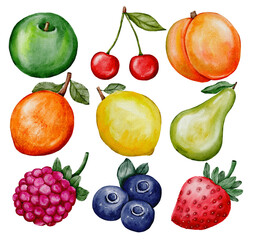 Summer fruit watercolor set illustration, peach, apple, pear, cherry, berry, orange, lemon