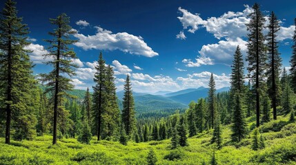 Forest landscape featuring tall pine trees and a bright blue sky