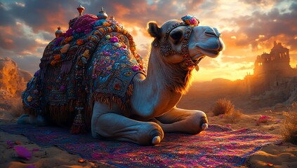 Resting Camel on Vibrant Rug in Desert Sunset