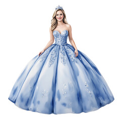 Smiling Blonde Woman Wears Light Blue Ballgown with Tiara