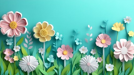 Paper-cut style spring flowers with a blank space for text.