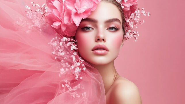 Romantic pink floral portrait of a woman. Beautiful makeup delicate flowers. AI generated