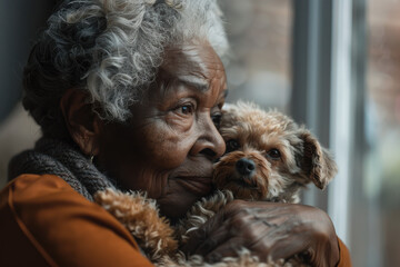 An elderly woman lovingly holds a small dog, gazing thoughtfully out a window.