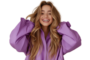 Attractive woman in purple rain suit isolated on white background.