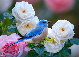 A Blue bird sitting on a rose bush with white and pink roses