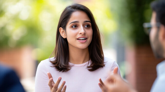 Pakistani woman talking discussing to colleagues at a business meeting