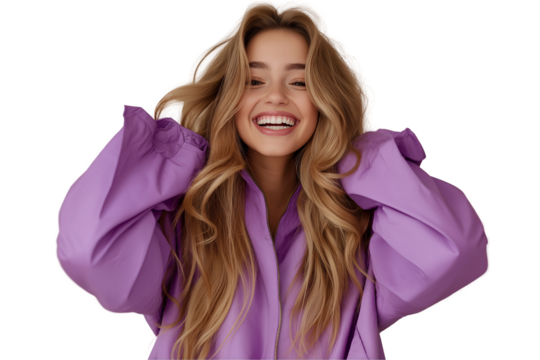 Attractive woman in purple rain suit isolated on white background.