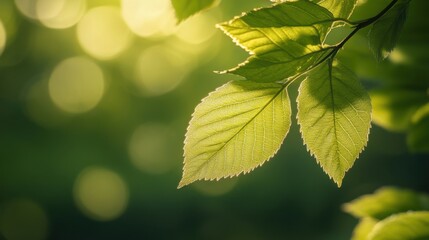 Soft sunlight shining on a close-up of a fresh green leaf,