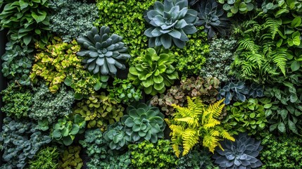 Lush Vertical Garden with Vibrant Succulents and Ferns in Varying Shades of Green and Texture