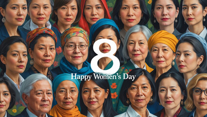 Obraz premium A vibrant collage of diverse female faces, blending photorealism and digital painting. The number 8 and 