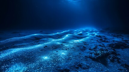 glowing underwater fiber optic cable casting bioluminescent light across deep sea floor representing tech infrastructure and oceanic communication