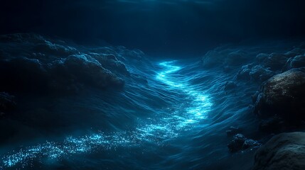 glowing underwater fiber optic cable casting bioluminescent light across deep sea floor representing tech infrastructure and oceanic communication