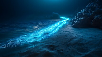 glowing underwater fiber optic cable casting bioluminescent light across deep sea floor representing tech infrastructure and oceanic communication