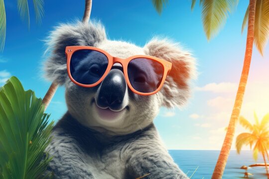A cute koala wearing summer sunglasses outdoors mammal nature.