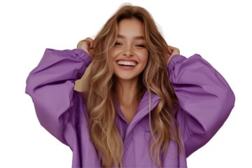 Attractive woman in purple rain suit isolated on white background.