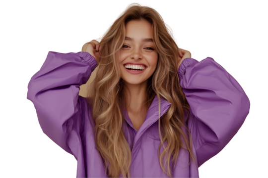 Attractive woman in purple rain suit isolated on white background.