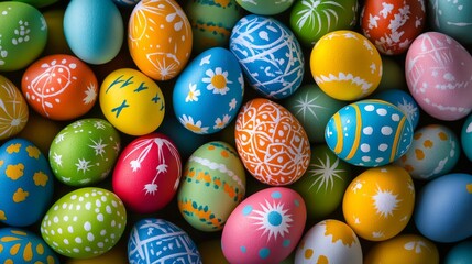 Colorful assortment of decorated easter eggs with intricate patterns and vibrant pastel hues, full frame festive holiday background


